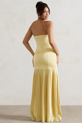 Lemon Satin Bandeau Pleated Split Maxi Dress